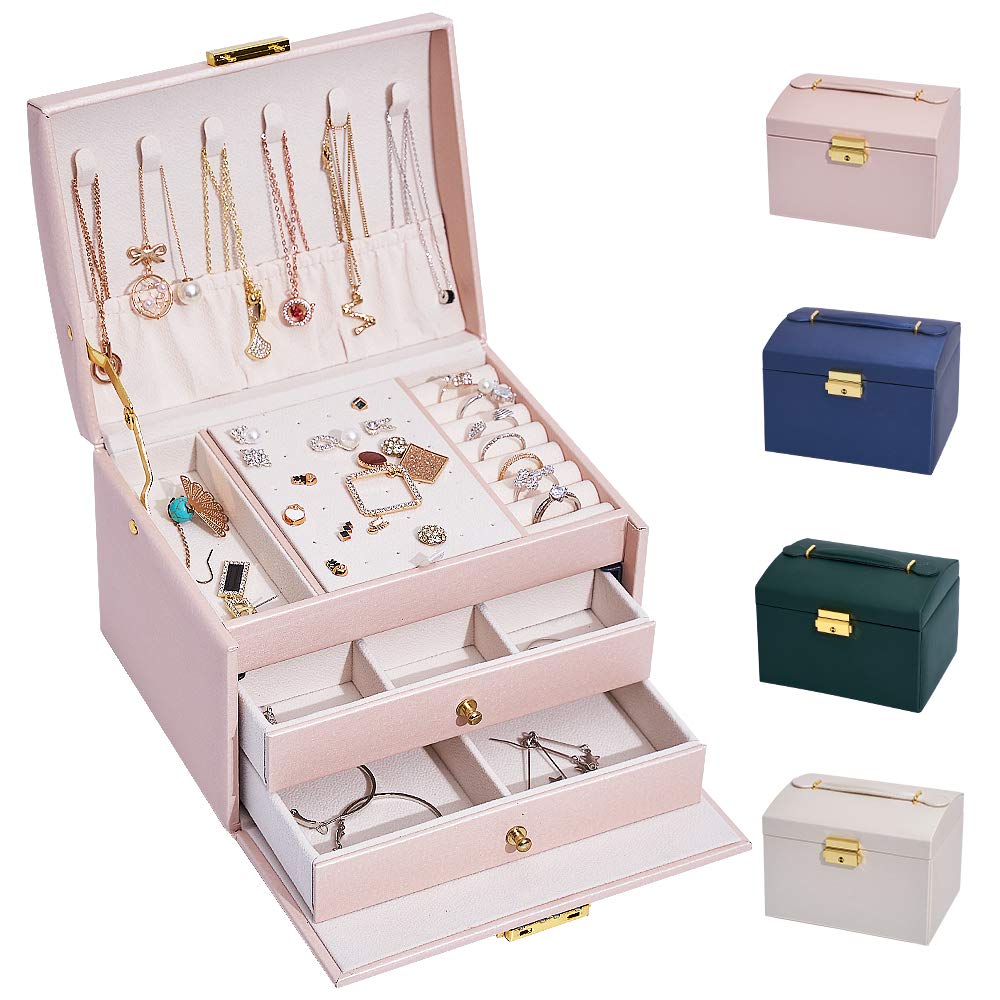 hombrima 3 Layers Travel Jewelry Box, Jewelry Storage Organizer Cases with 2 Drawers and Lock for Women’s Necklace Earrings Rings Bracelet (Pink)