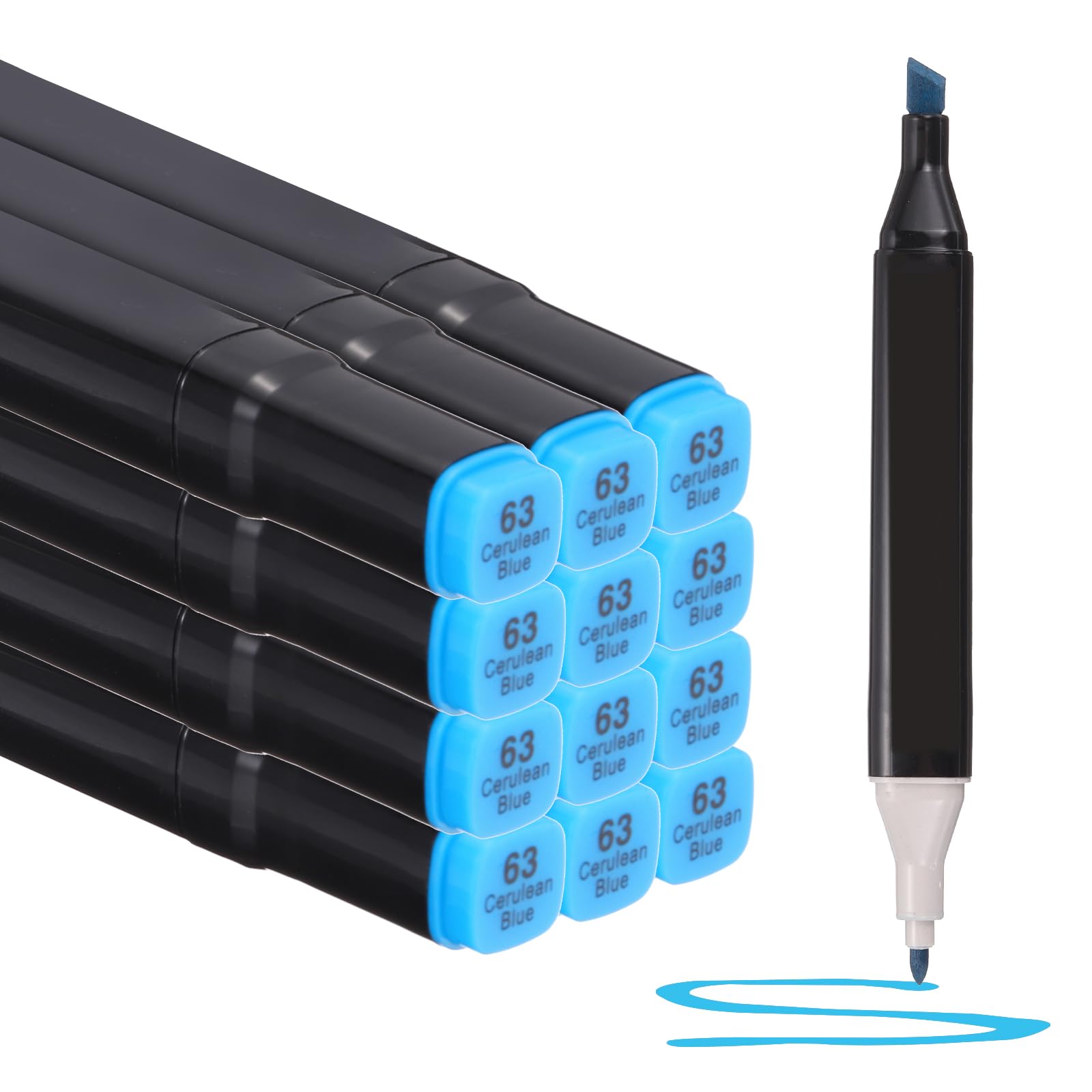 PATIKIL Dual Tip Alcohol Art Markers, 12 Pcs Black Barrel Alcohol Markers with Brush Tip and Fine Tip for Illustration Artist Adult Coloring Drawing Permanent Sketching, Sky Blue