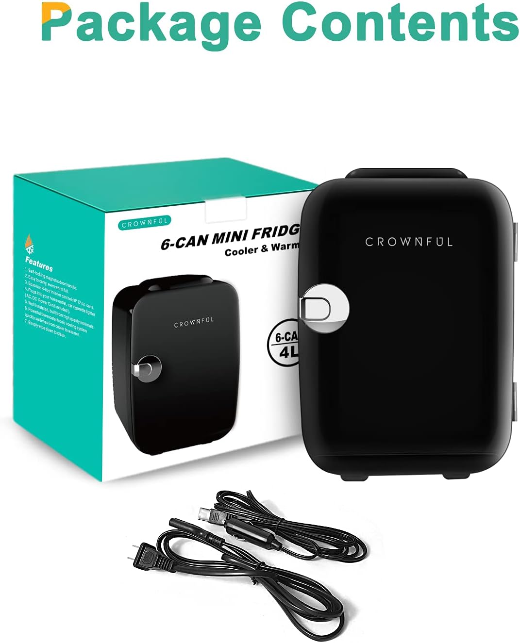 CROWNFUL Mini Fridge, 4 Liter/6 Can Portable Cooler and Warmer Personal Refrigerator for Skin Care, Cosmetics, Beverage, Food,Great for Bedroom, Office, Car, Dorm, ETL Listed (Black): Automotive