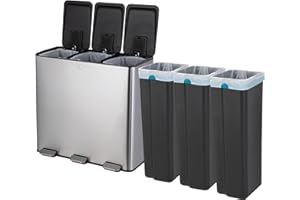 Home Zone Living 24 Gallon Large Kitchen Trash Can with Three Compartments for Recycling, Stainless Steel, Silver, 90 Liters Total