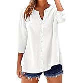 LOMON Cotton 3/4 Sleeve Button Down Shirts for Women V Neck Casual Loose Button Up Blouse