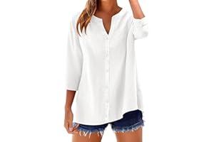 LOMON Womens 3/4 Sleeve Button Down Shirts Cotton Linen Roll Up Short Sleeve Tops V Neck Casual Loose Fit Blouses