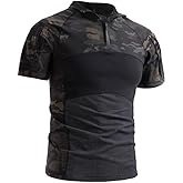 AKARMY Men's Military Short Sleeve T-Shirt, Tactical Cargo Pullover Polo Shirts, Outdoor Camo Shirt with 1/4 Zipper