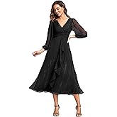 Ever-Pretty Women's Elegant Formal Evening Dress A-Line Ruched V-Neck Long Sleeves Tea-Length Wedding Guest Dresses