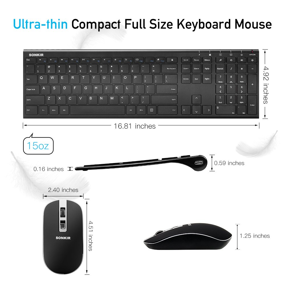 Keyboard and Mouse, Sonkir K-18 2.4G Ultra Thin Rechargeable Aluminum Full Size Wireless Keyboard Mouse Combo for Windows, Laptop, PC, Notebook (Black)