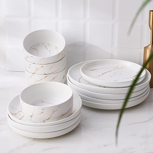 Pokini White Gold Splash Dinnerware Sets, 12 Pieces Fine China
