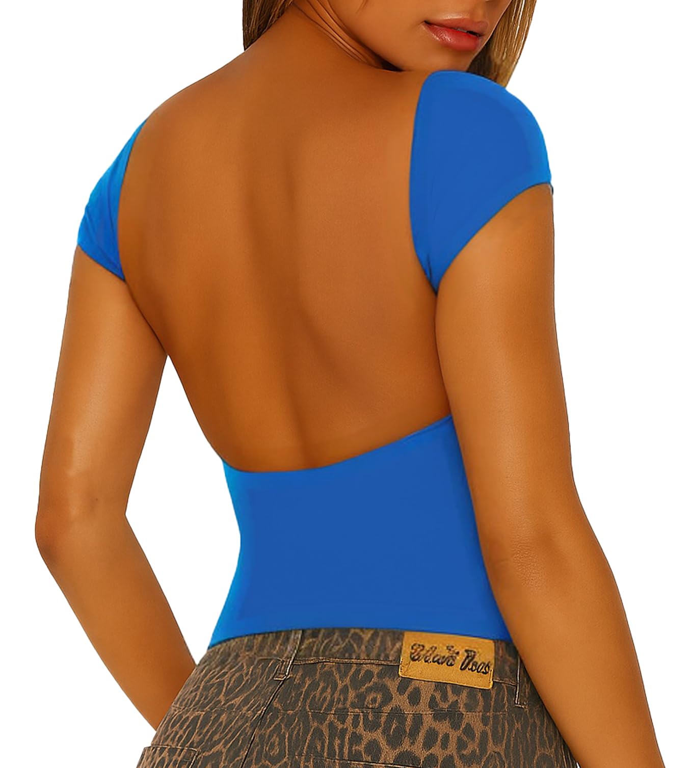 Photo 1 of ForeFair Women Sexy Backless Top Open Back Short Sleeve Shirts Cute Slim Fit Crewneck Summer Casual Y2K Tops?Royal Blue,L?