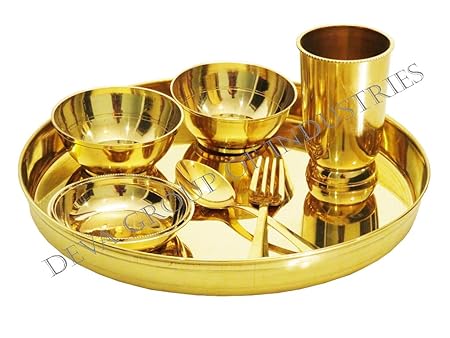 Deva Metals Handmade Plain 7 Pices Designer Style Dinner Set ||Thali Set-1 || 2 Bowl || 1 Spoon || 1 Fork || 1 Glass ||1 Chuttney Bowl- Decoration Tableware Home Restaurant Home Decorate Good Health Benefits Yoga, Ayurve