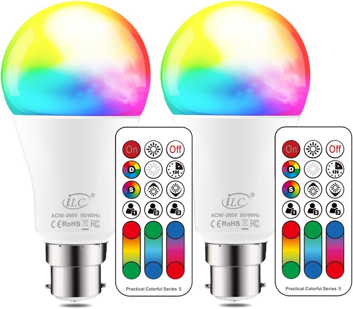 iLC LED Light Bulbs, 75 Watt Equivalent, Colour Changing 10W B22 Bayonet RGBW Lights, 2700K Warm White, RGB Coloured- 120 Color Choices - Remote Controller Included (2 Pack)
