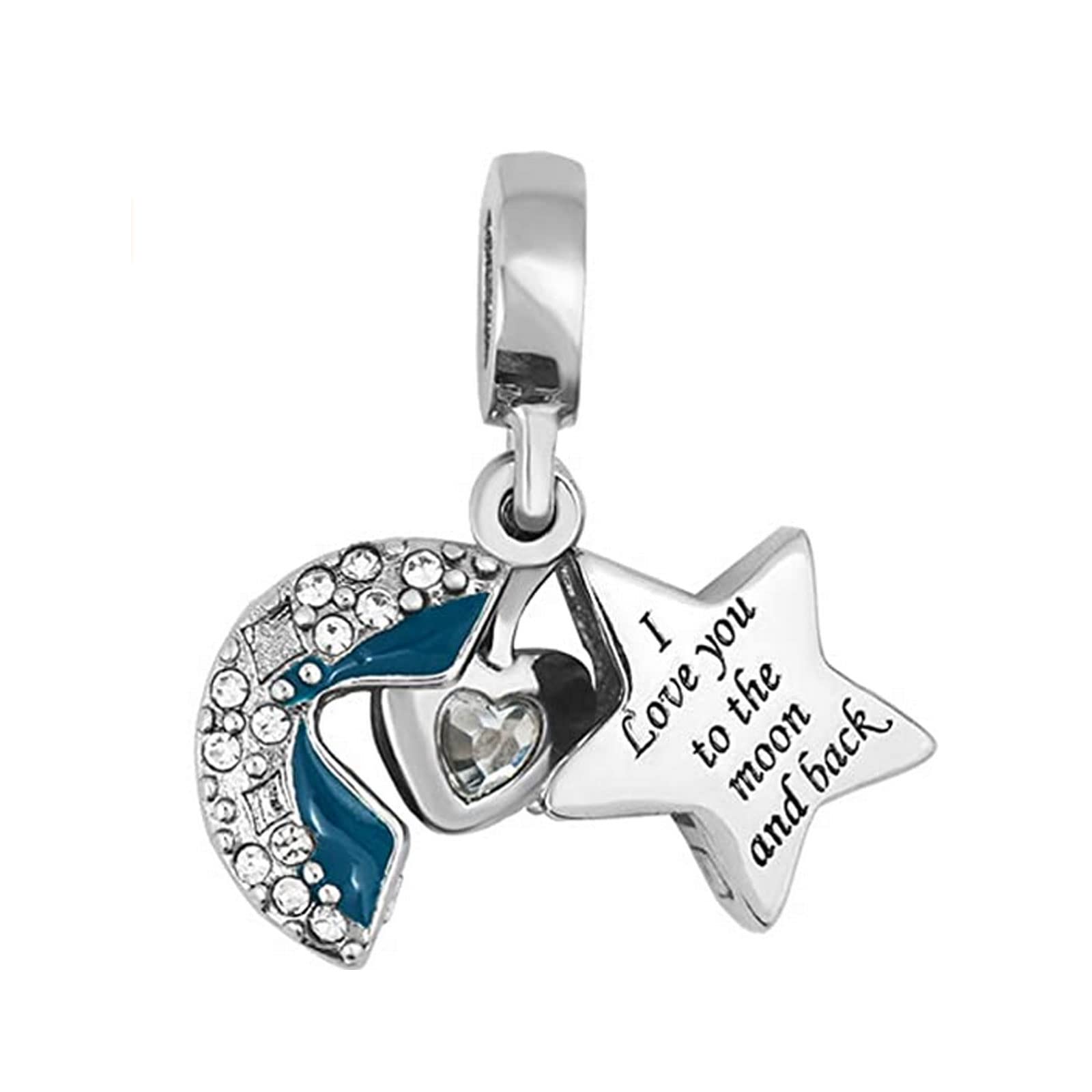 KunBead Jewelry Blue Heart I Love You to the Moon and Back Dangle Charms Compatible with Pandora Bracelets