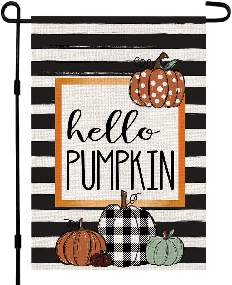 Flags - Fall Garden Flag Hello Pumpkin Sign 12 x 18 Inch Double Sided Autumn Farmhouse Seasonal Yard Outdoor Thanksgiving Decor DF082