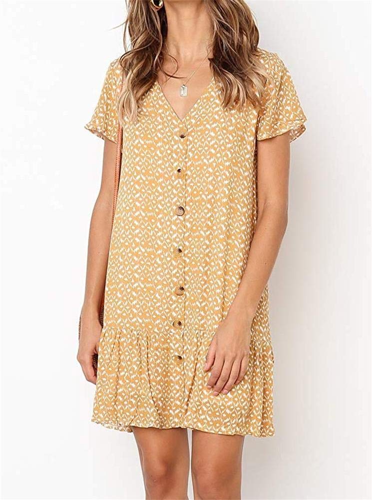 Women\'s Summer Button Down Polka Dot Dress Casual Ruffle Beach Sundresses Flowy Bohemian V Neck Cute Mini Tshirt Dress Yellow
