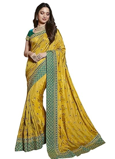 Womens Banglory Silk Embroidery Work Saree With Blouse Piece_Free Size