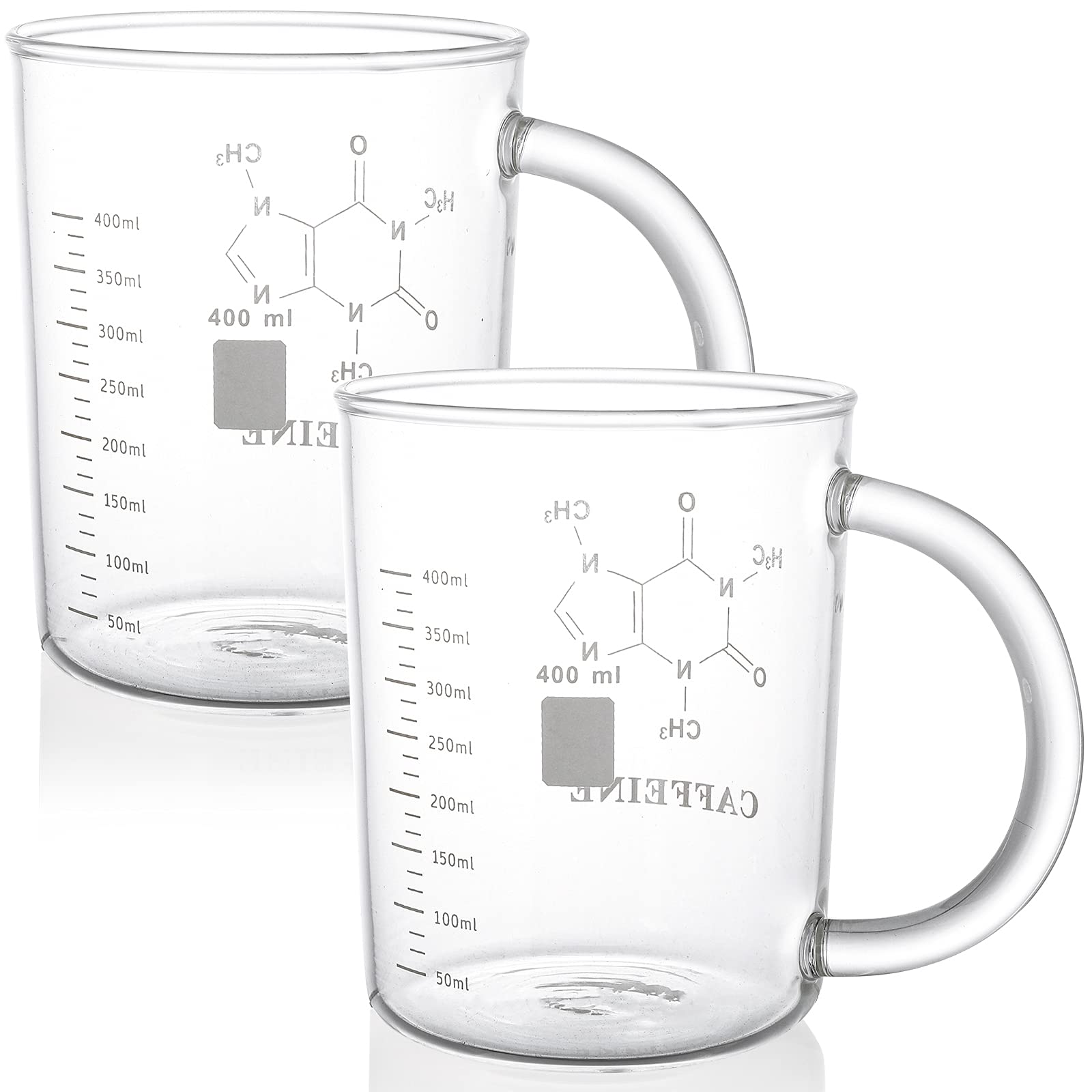 Suwimut 2 Pack Caffeine Beaker Mug, 400ml/16oz Borosilicate Glass Chemistry Coffee Mug With Handle and Measuring for Tea, Latte, Hot and Cold Beverage