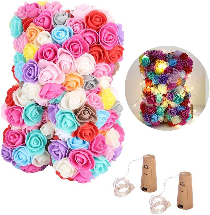 Rainbow Mixed Artificial Foam Roses Bear Forever Flower Doll Kids Girlfriend Wife Gift for Christmas Wedding Anniversary Birthday Valentine Day Baby Shower