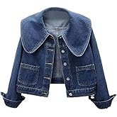 ASHER FASHION Womens Peter Pan Collar Jean Jacket Long Sleeve Cropped Denim Jackets Fall Button Jeans Coat with Pockets