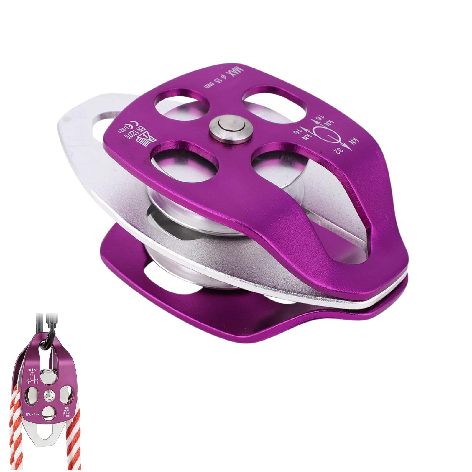 BOROCO Double Pulley,EN 12278 Outdoor Aviation Aluminum Side Swing Double Pulley,Purple Pulley Block for Rock Climbing Mountaineering(Purple)
