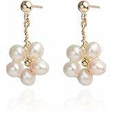 Handmade Wire Craft Freshwater Cultured Pearls Flower Dangling Drop Earrings