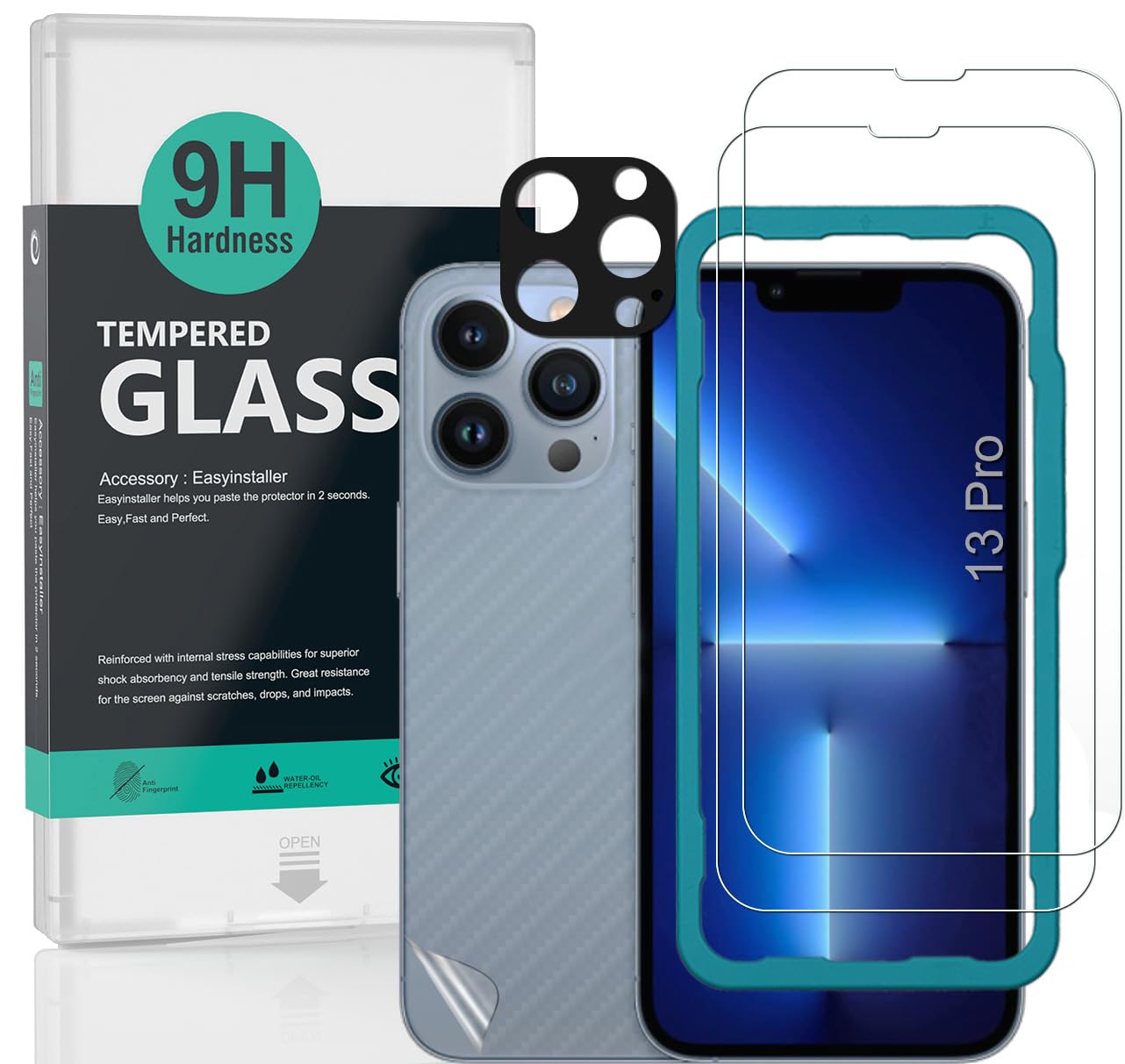 Ibywind Screen Protector (2 Pack) For iPhone 13 Pro,9H Hardness Tempered Glass,With 1Pc Metal Camera Lens Protector,1Pc Back Protector,Easy to Install — image 1