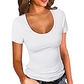 PALINDA Women's Scoop Neck Ribbed Fitted Shirt Basic Short Sleeves Summer T Shirt Tops