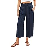 GRAPENT Capri Pants for Women High Waisted Wide Leg Linen Palazzo Trousers Pull On Elastic Smock Waist Loose Flowy Pants