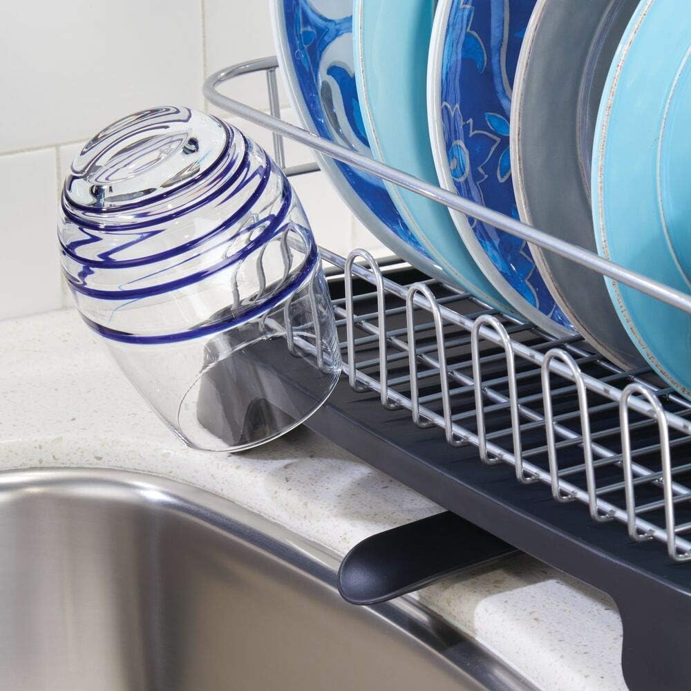 mDesign Large Kitchen Countertop, Sink Dish Drying Rack with Removable Cutlery Tray and Drainboard with Adjustable Swivel Spout - 3 Pieces, Silver Wire/Black Plastic Cutlery Caddy and Drainboard: Kitchen & Dining