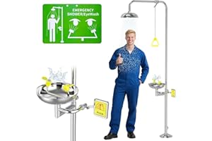 Crystmetal Combination Emergency Eye Wash Shower Station, Safety Eyewash Stations, 304 Stainless Steel Industrial & Commercial Grade with Emergency Sign, NPT Thread