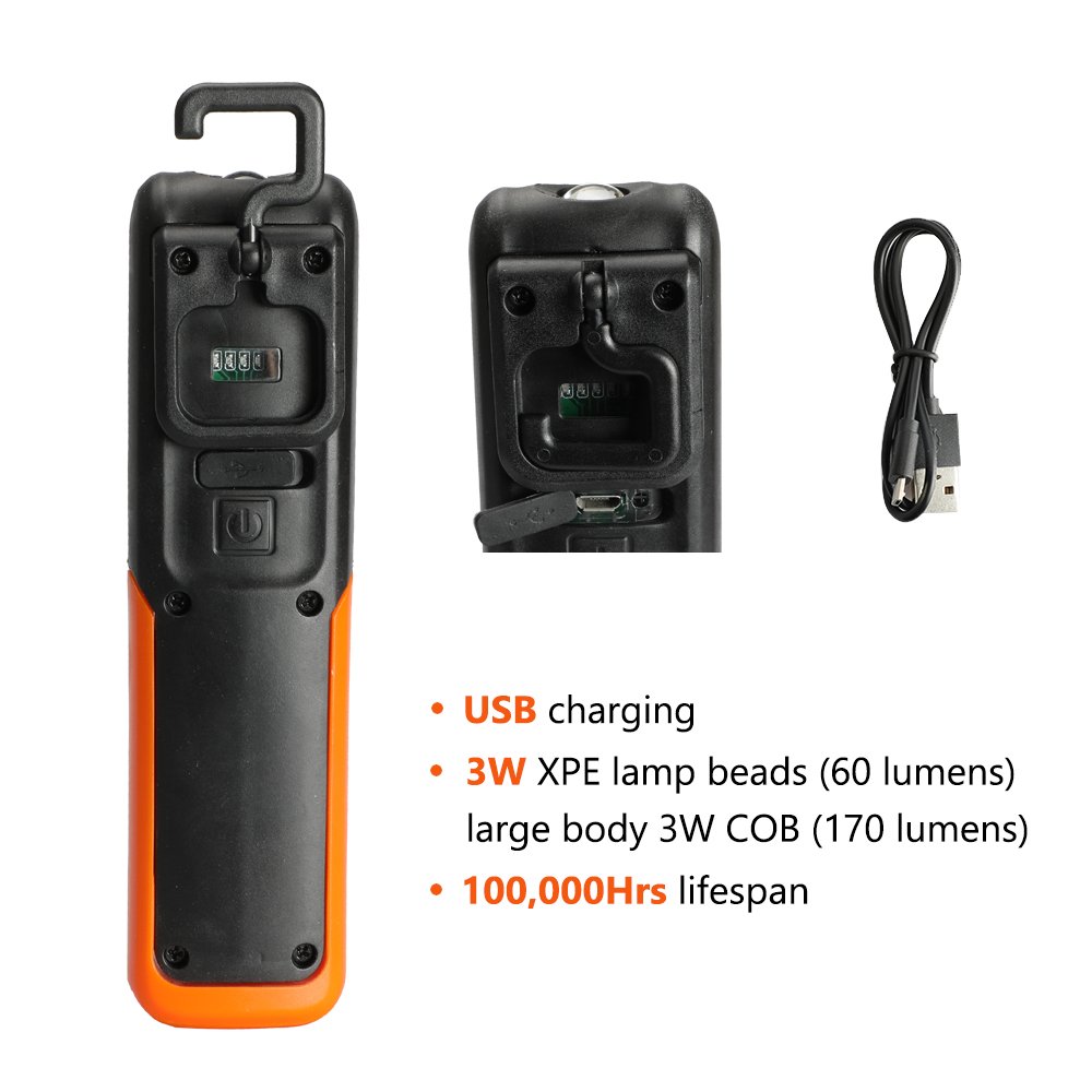 Three trees LED Cordless Work Light COB Rechargeable Portable Hand Held Work Lamp With Hanging Hook, Magnetic Holders, 1200mAh Charging, Multifunction Flashlight (orange)