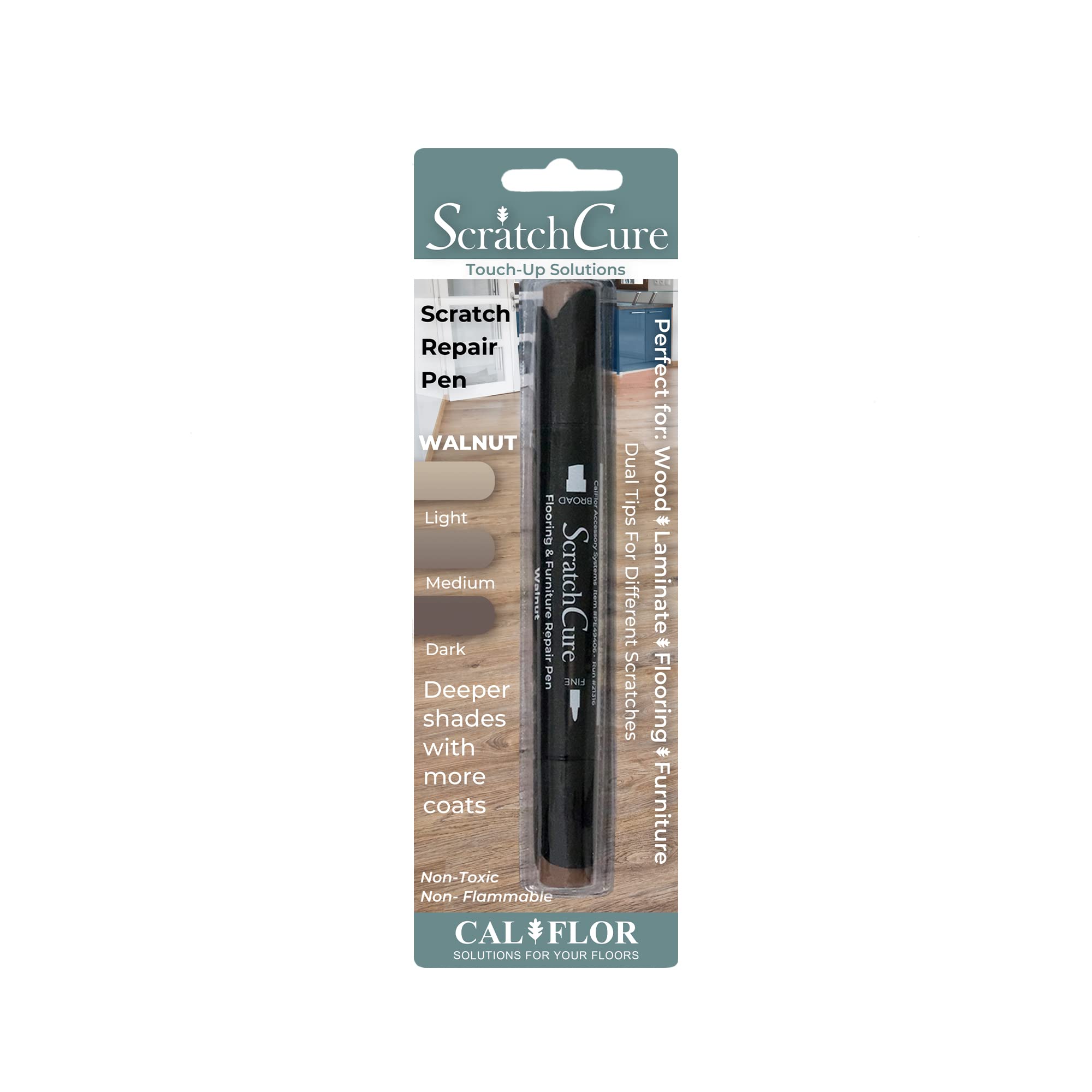 Photo 1 of CalFlor PE49406CF ScratchCure 3 Shade Double Tipped Repair Pen for Use on Wood, Laminate, Flooring & Furniture, Walnut