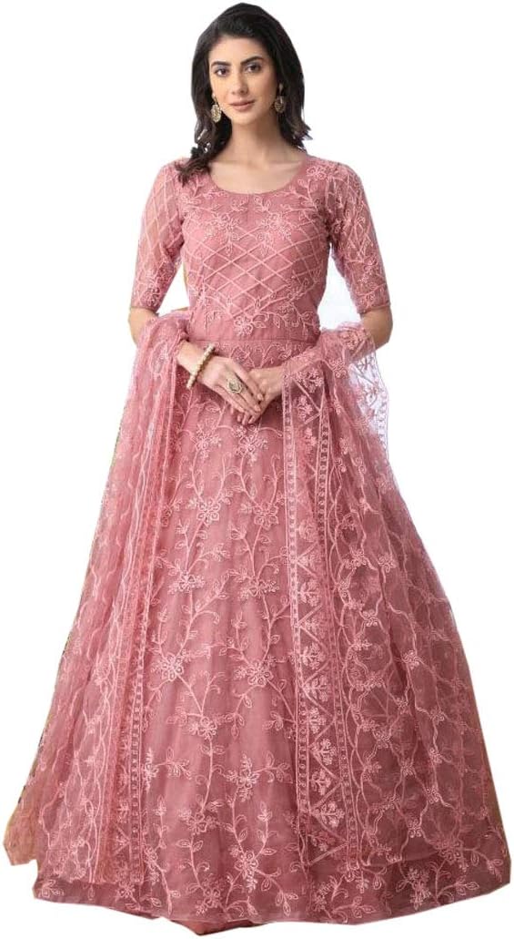 Pink Long Net Gown Indian Ethnic Festival Party Thread Embroidery Ready to wear Anarkali Cocktail Dress 9655