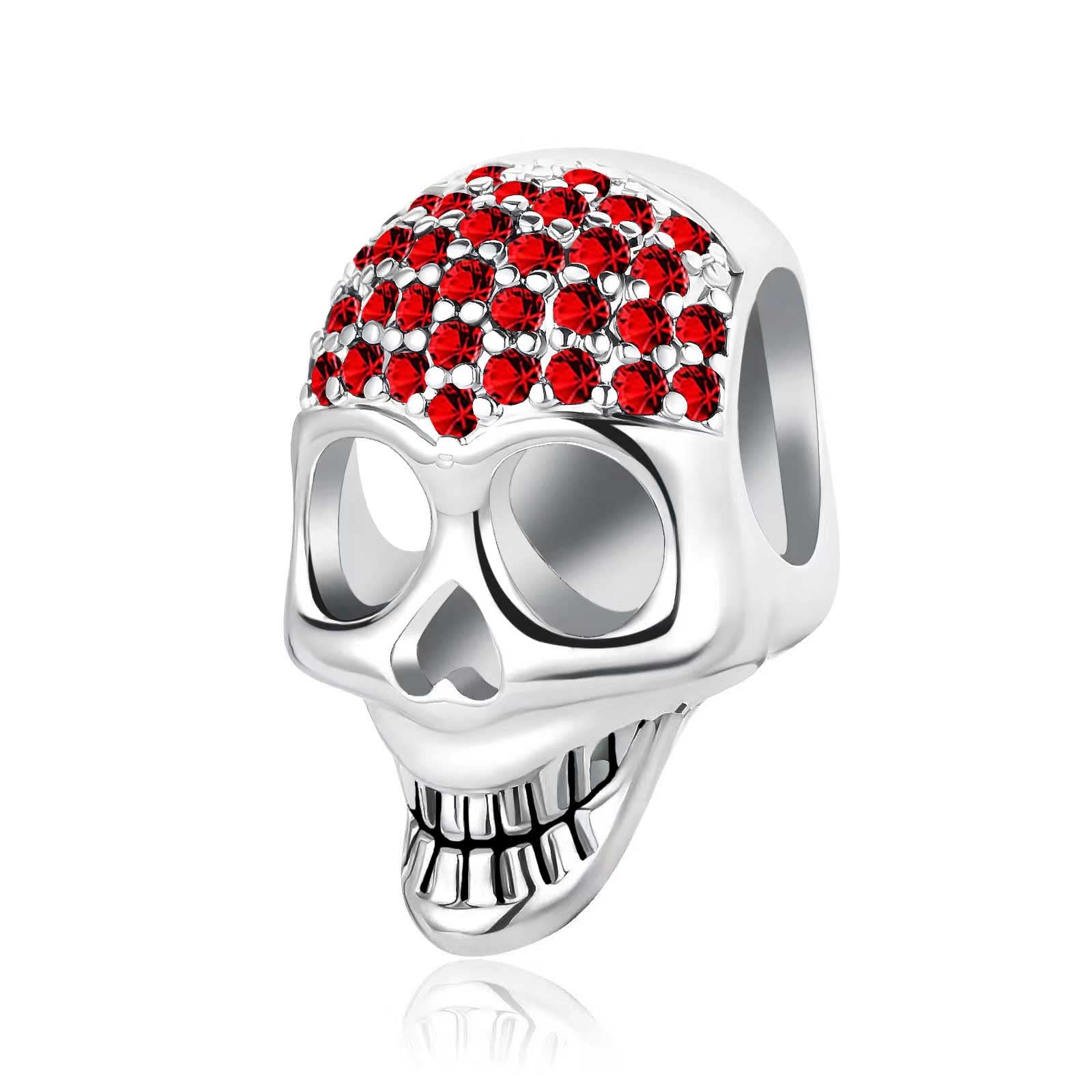 Sparkling July Red Birthstone Skull Charms fit Pandora Charm Moments Bracelet Birthday Halloween Jewellery Gift for Women Daughter Sister Granddaughter
