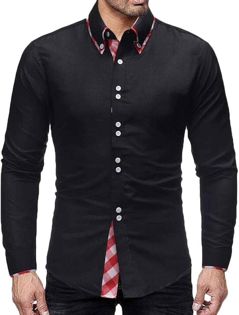 Hmarkt Men Casual Solid Button Down Regular Fit Long Sleeve Contrast