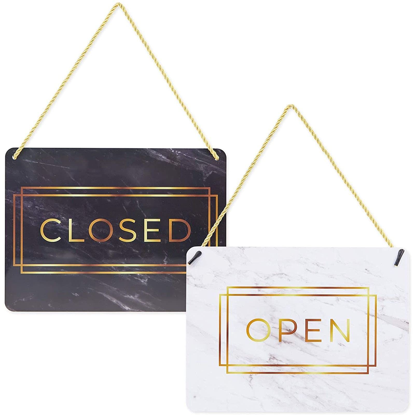 2-Pack Double Sided Open Closed Sign for Business Door, Gold Marble Design Reversible Hanging Sign for Window (29.2 x 21.6 cm)