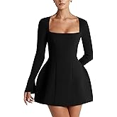 YMDUCH Women's Sexy Long Sleeve Square Neck A-Line Mini Club Prom Dress