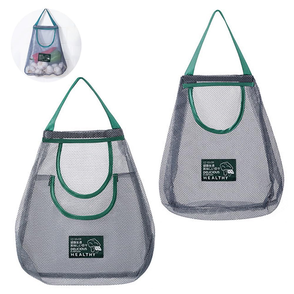 Photo 1 of 2 Pack Hanging Mesh Storage Bags (Single + Dual Pocket) Reusable Hanging Mesh Storage Produce Bags for Kitchen Storage Fruits, Onion, Garlic & Vegetables, Breathable Shopping Handbag