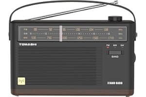 TOMASHI Retro 3-Band Radio, Portable AM/FM/SW Radio with LED Indicator, DSP Audio, Black with Wood Trim, Built-in 1200mAh Bat