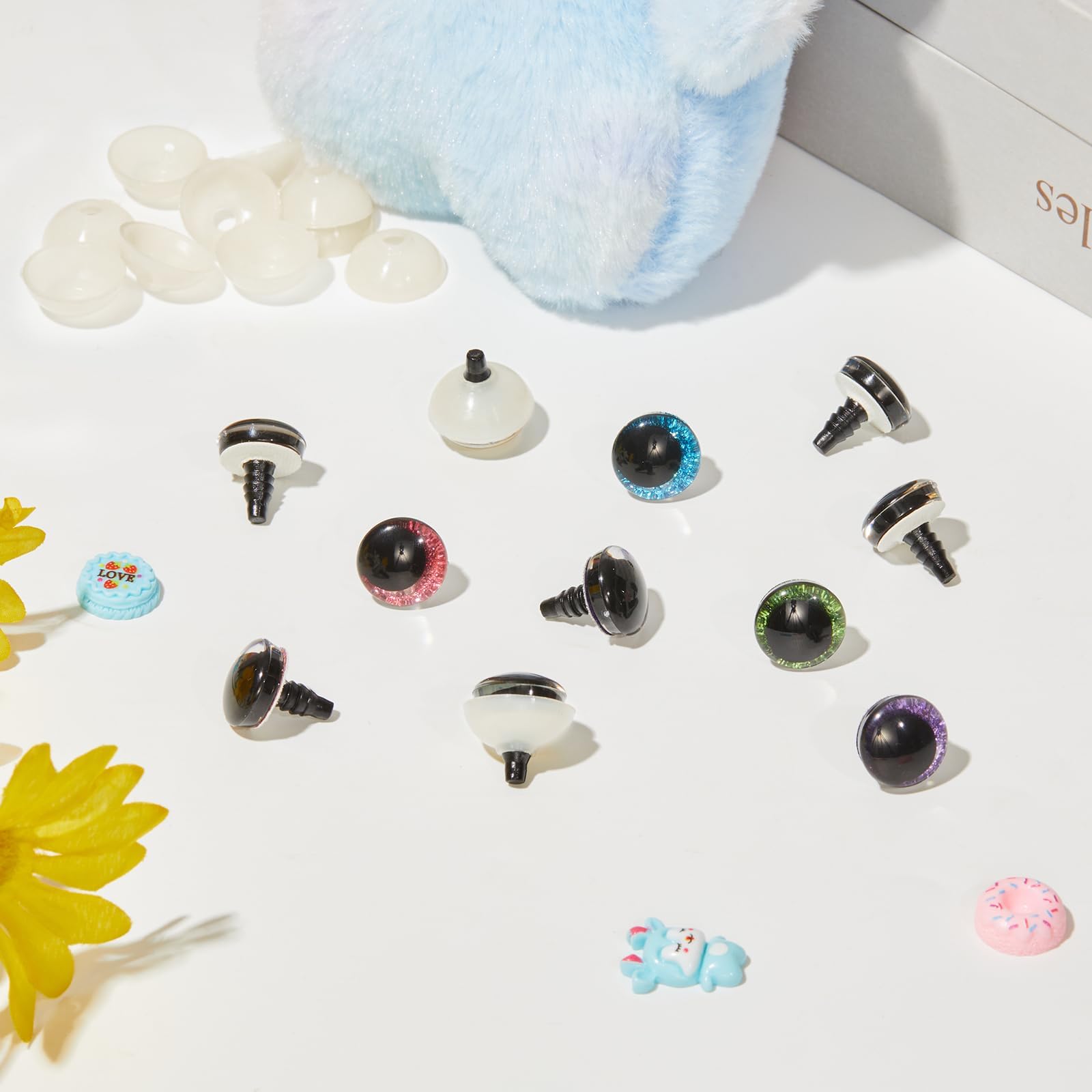 MUCUNNIA 120pcs 18mm 3D Glitter Safety Eyes for Crocheting with Bowl Washers Moon Crochet Amigurumi Eyes for Crochet Animals Craft Doll Eyes Stuffed Crochet Eyes for Crafts Gift for Crochet Lovers