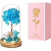 YAOSTDDZ Preserved Flower Glass Dome with LED Light, 8 Inch Hydrangea Tree, Blue White Roses, Wooden Base, Anniversary Birthday Gift