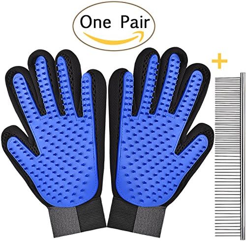 Awaiymi Pet Grooming Glove Gentle Deshedding Brush [2018 New Version] Pet Mitt - Massage Gloves with Enhanced Five Finger Design Perfect for Cats Dogs Horses with Long or Short Fur (Blue,1 Pair)