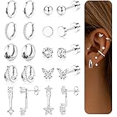 Hypoallergenic Surgical Steel Earrings for Women -14K Gold Flat Back Earring Stacks Stainless Steel Stud Earring Dainty Hoop Cartilage Earrings Sets for Multiple Piercing