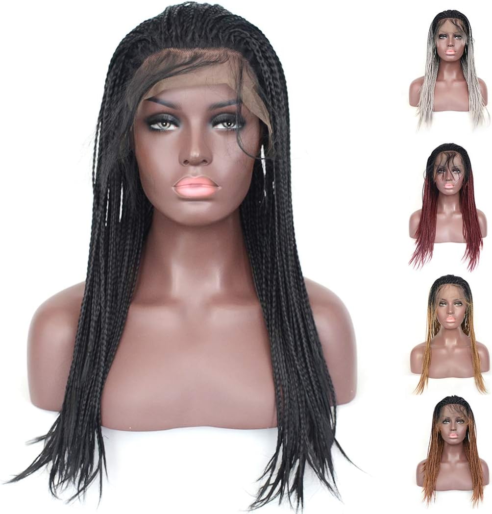 BLUPLE Micro Braided 1b Synthetic Lace Front Wigs Fully Hand Tied Heat Resistant Hair Braiding Styles Fiber Hand Braided Wig for Black Women (18 inches, Micro Braided,#1B)