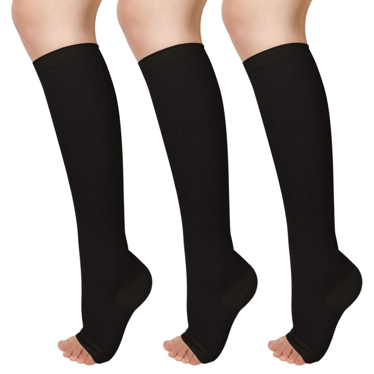 Ikfashoni 3 Pairs Compression Socks for Women & Men,15-25mmHg Toeless Compression Socks Support Legs, Knee Height, Promote Circulation, Suitable for Long-Distance Travel Flight & Competitive Sports