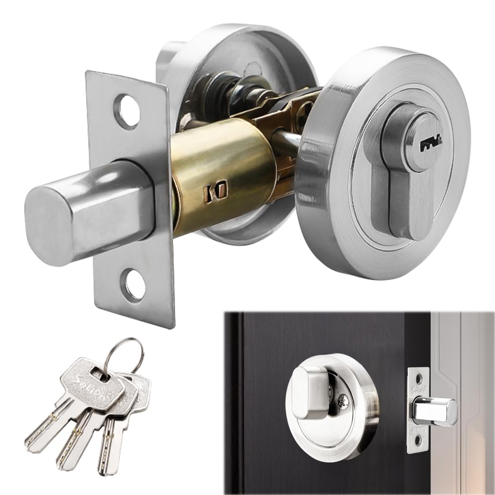 HIULLEN Single Cylinder Deadbolt, Round Deadbolt Lock with Keys, Zinc Alloy Door Locks, Invisible Modern Door Locks for 35-50mm Front, Entrance, Passage, Bedroom Doors (Silver)