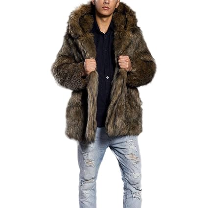 Pelzmantel Mit Kapuze Kunst Felljacke Herren Leopard Muster Design Wind Coat,AKAUFENG Winterjacke Mantel Kunstpelz lange Jack