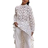 Women Lace Hollow Out Long Sleeve Asymmetrical Irregular Hem Casual Tops Blouse Shirt Dress