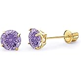 14k REAL Yellow Gold 5mm Round Birststone Color Solitaire Basket Set Stud Earrings with Screw Back