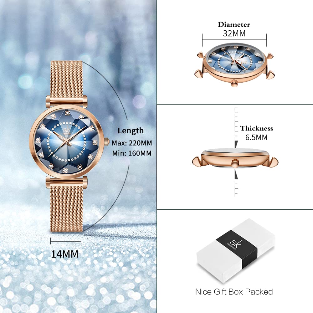 SHENGKE Kreative Damen Uhr Analog Quarz Armbanduhr mit Schwarz Edelstahl Armband Wasserdicht Damenuhren mit Blau Sternenhimmel-Zifferblatt für Frauen Blumen (Shell Dial-Mesh Band-Rosegold) 6