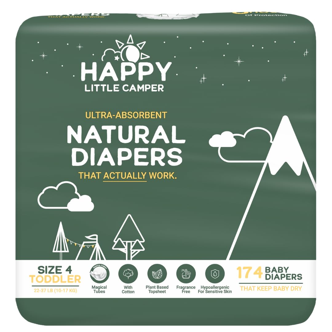Happy Little Camper Ultra-Absorbent Natural Baby Diapers Size 4 - Hypoallergenic & Chlorine-Free Disposable Diaper Safe for Sensitive Skin - Unscented Toddler Diapers - 174 Count