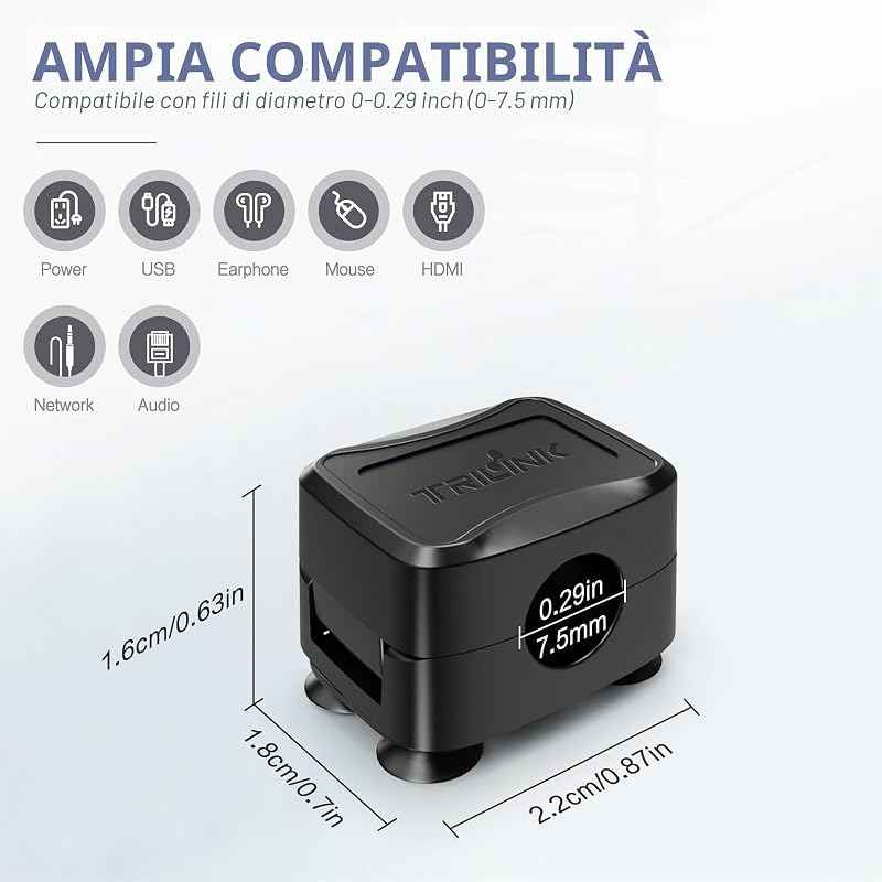 Set di clip per cavi magnetici da 6 pezzi con 6 ventose in silicone per la cable management | Fermacavi Organizzatore di cavi magnetic cable clips per casa, ufficio, scrivania, auto, muro e comodino