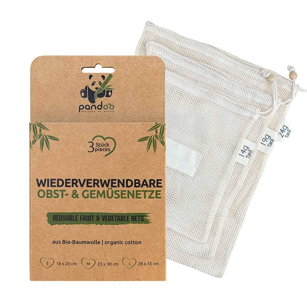 pandoo Fruit and Vegetable Nets (3 Pack) Starter Set | Veggie Plastic Produce Shopping Bags | Fruit Mesh Bag Zero Waste Set | Made from Organic Cotton